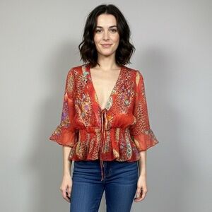 Red Sheer Animal Print Ruffled Shmocking Blouse P2P 17-18”